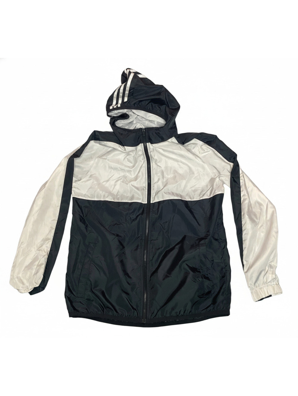 Adidas Jacket Womens 14 / 16 Large Black White Hooded Windbreaker Full Zip